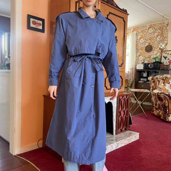 1980s classic double breasted belted periwinkle long trench coat! - Picture 1 of 16